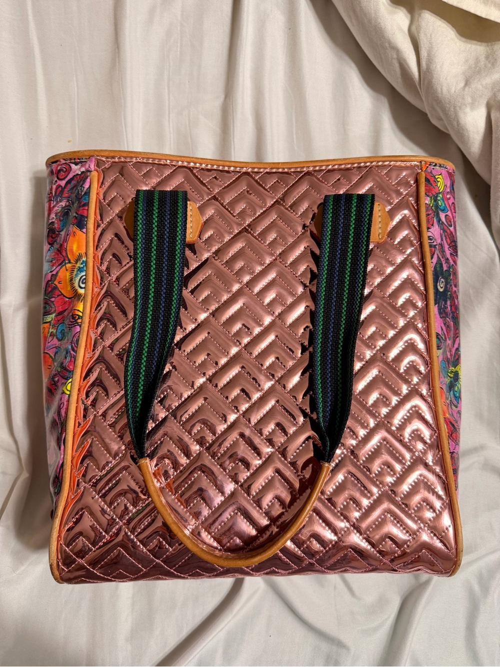 Consuela Metallic Rose Quilted Tote with Floral Side Panels